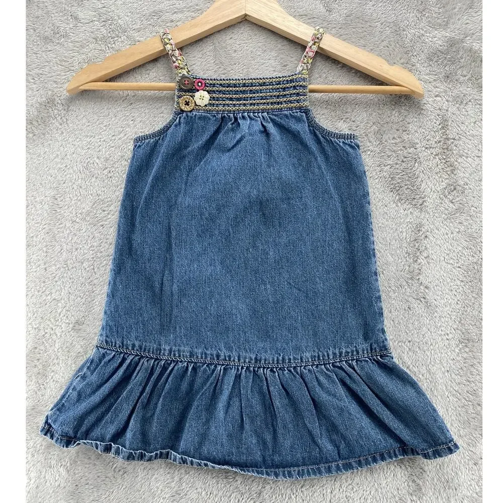 Genuine Kids OshKosh 4T Denim Jumper Dress Embroidered Button Ruffle Hem